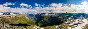 Panoramic view of Geirangerfjord and mountains landscape from the Dalsnibba Plateau viewpoint, Norway Scandinavia