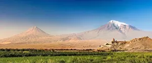 Armenia Prints: Panoramic view of Khor Virap monastery in Armenia and Mount Ararat in Turkey