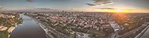 Panoramic view on a large, capital city located on the river. Drone, aerial view