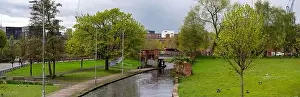 Deansgate Square Prints: Panoramic view of Manchester Skyline on a spring day from Victoria Mills park