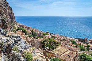 Monemvasia Prints: Panoramic View of Monemvasia Castle Town with Traditional Houses and Hotels