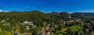 Panoramic view of Mount Oybin and the ruins of the monastery church and the castle, Germany. Drone photography
