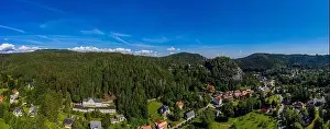 Monastery Ruin Prints: Panoramic view of Mount Oybin and the ruins of the monastery church and the castle