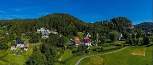 Monastery Ruin Prints: Panoramic view of Mount Oybin and the ruins of the monastery church and the castle