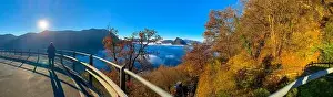 Lugano Prints: Panoramic View over Mountain Peak San Salvatore Above Cloudscape with Sunlight and Clear Sky in Lugano