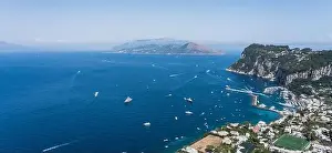 Sea Stacks Prints: Panoramic view of northen Capri Island Coastline and Marina Grande habour in Tyrrhenian sea and Torrento Peninsula