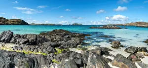 A panoramic view of the remote, beautiful Bosta Beach (Camas Bostadh), Great Bernera (Bearnaraigh), Isle of Lewis in the Outer Hebrides, Scotland, UK