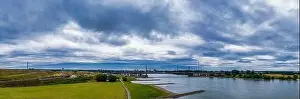 Panoramic view of the Rhine and the A1 motorway bridge near Leverkusen, Germany. Drone photography