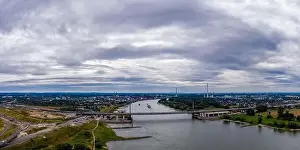 Panoramic view of the Rhine motorway bridge near Leverkusen, Germany. Drone photography