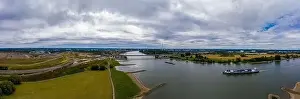 Moody Sky Prints: Panoramic view of the Rhine motorway bridge near Leverkusen, Germany. Drone photography