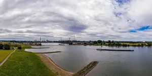 Panoramic view of the Rhine motorway bridge near Leverkusen, Germany. Drone photography