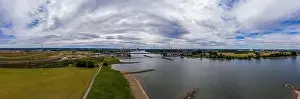 Moody Sky Prints: Panoramic view of the Rhine motorway bridge near Leverkusen, Germany. Drone photography