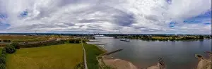 Moody Sky Prints: Panoramic view of the Rhine motorway bridge near Leverkusen, Germany. Drone photography