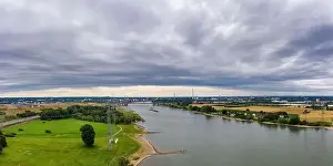 Panoramic view of the Rhine motorway bridge near Leverkusen, Germany. Drone photography