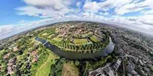 A panoramic view of the River Severn and the market town of Shrewsbury in Shropshire, UK