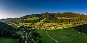 Panoramic view of Sesto ( Sexten ) and Moss ( Moos ) in South Tyrol. Dronephotography