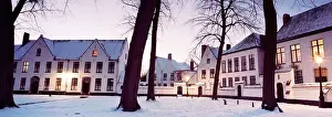 Pano Prints: Panoramic view of the snow-covered Flemish Beguinage in Bruges historic center