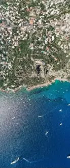 Gods View Prints: Panoramic view of south Capri Island crag coastline with big mountain hole and villa pool