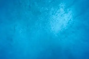 Shimmering Prints: Panoramic view underwater shooting of air bubbles and blue water expanses