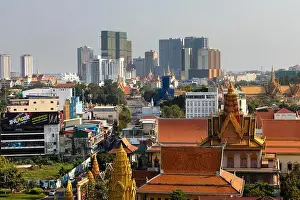 Panoramic view with Wat Ounalom and skyline from Koh Pich, Phnom Penh, Cambodia