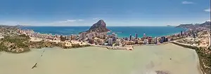 Calp Prints: Panoramic wide angle salt lake waterside view Calpe skyline cityscape and Penyal d'Ifac Natural Park