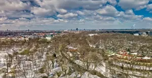 Garten Prints: Panoramic winter aerial, snowy munich at the Englischer Garten with the Chinese Turm