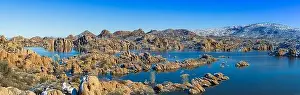 A panoramic winter image of Watson Lake in Prescott Arizona with the Granite Dells taken by a drone