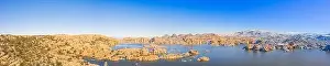 A panoramic winter image of Watson Lake in Prescott Arizona with the Granite Dells taken by a drone