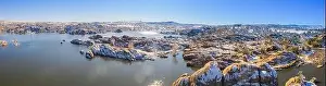 A panoramic winter image of Watson Lake in Prescott Arizona with the Granite Dells taken by a drone