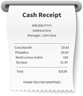 Receipt Prints: Paper receipt printed from cash register. Sale document