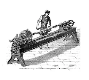 Engine Prints: parallel lathe, with a spindle bearing several grinding wheels of different sizes operating simultaneously