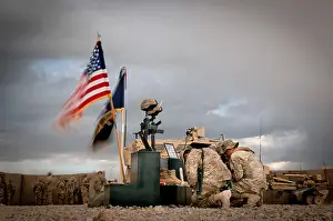 American Flag Prints: Paratroopers pay their respects to two fallen soldier during a memorial on Forward Operating Base Arian