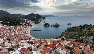 Parga city, Greece. Aerial drone view of the Castle ruins