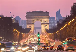 Champs Elysees Prints: Paris Arc of Triomphe along Champs-Elysees France sunset