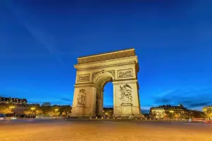 Champs Elysees Prints: Paris France night city skyline at Arc de Triomphe and Champs Elysees