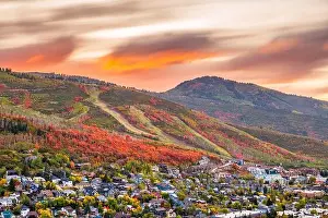Park City, Utah, USA downtown in autumn at dusk