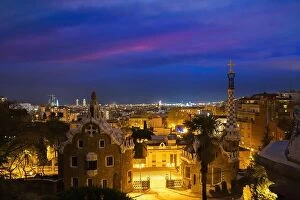 Images Dated 9th April 2017: Park Guell in Barcelona, Spain at night. Barcelona skyline