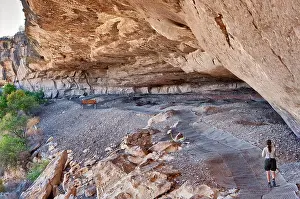 Geological Formation Prints: Park ranger Tanya Petruney at Fate Bell Rockshelter in Seminole Canyon State Park and Historic Site near Comstock