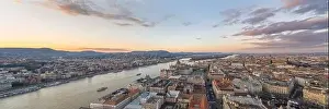 Neo Gothic Prints: Parnoramic Aerial drone shot of Hungarian Parliament Kossuth Square by Danube river in Budapest sunset