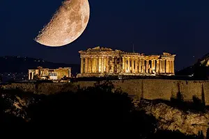Parthenon Prints: Parthenon of Athens under a huge magnificent moon, at dusk time, Greece