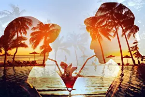 Young Family Prints: party time double exposure, silhouette of happy couple drinking cocktail together on the beach