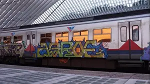 Conveyance Prints: Passenger car painted with graffiti in Belgium, railway