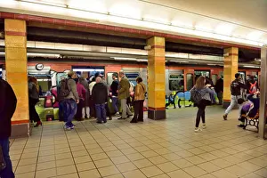 Metro Station Prints: Passengers on platform waiting for and boarding train at Omonia metro station