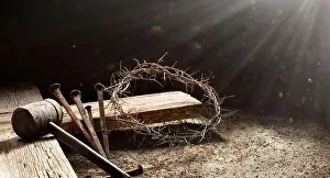 Suffering Prints: Passion Of Jesus - Wooden Cross With Crown Of Thorns Hammer And Bloody Spikes