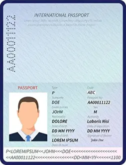 Citizenship Prints: Passport. Open id document with male photo portrait and blank space for immigration visa stamps vector template
