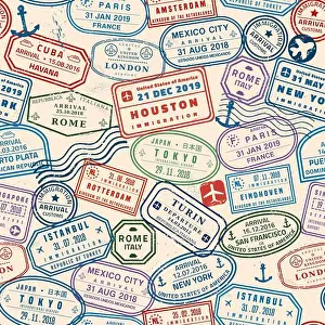 Houston Prints: Passport stamp seamless background - novelty vector passport stamps illustration