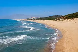 Patara yellow sand beach aerial panoramic view in Antalya Province, Turkey