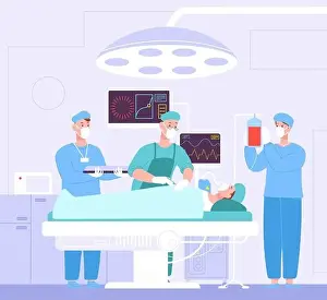 Operating Room Prints: Patient on operating table. Cartoon operation theater under surgical lamp hospital