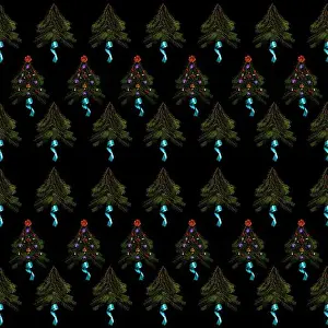 Bauble Prints: Pattern of Christmas trees on a black background