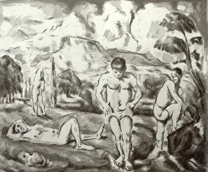 Post Impressionism Prints: Paul Cézanne's The Bathers (Large Plate) illustrates a group of figures bathing in a serene landscape